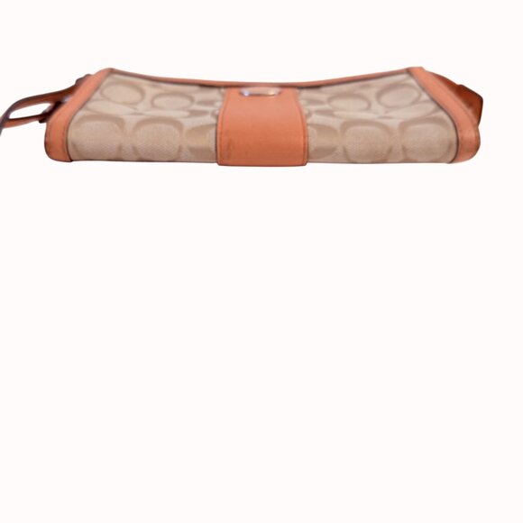 Coach Signature Canvas Leather Wristlet Wallet In Beige Peach Orange Read - Picture 5 of 16